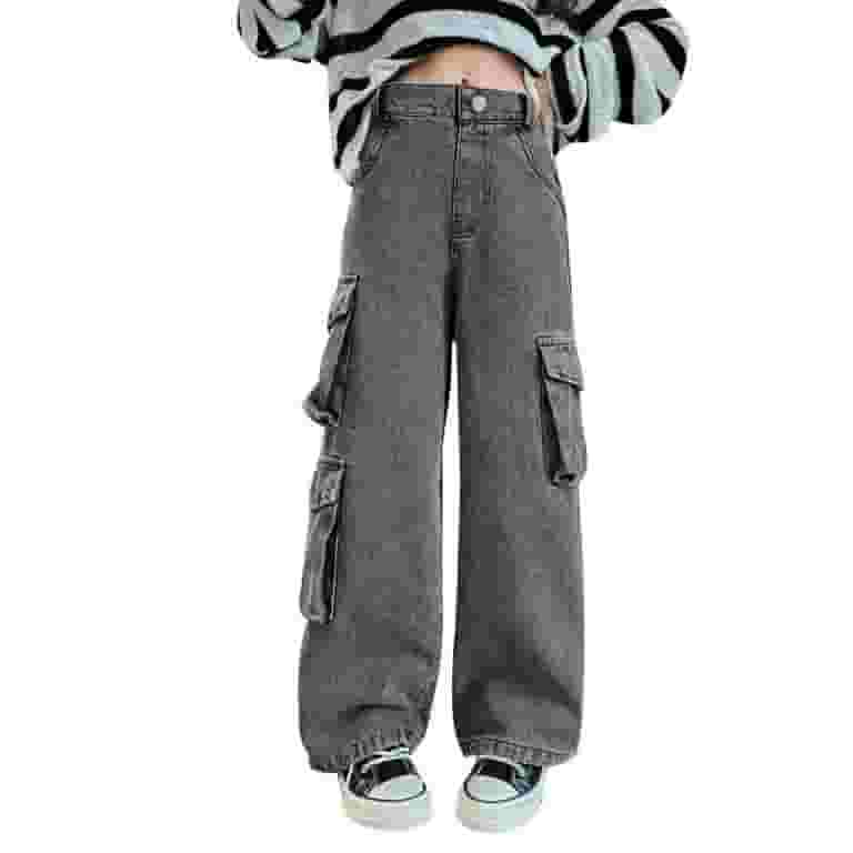 【SATIIIZ】Eton Wide Cargo Denim Pants Teenage Girls Wide Leg Cargo Jeans 2024 Autumn Fashion Kids