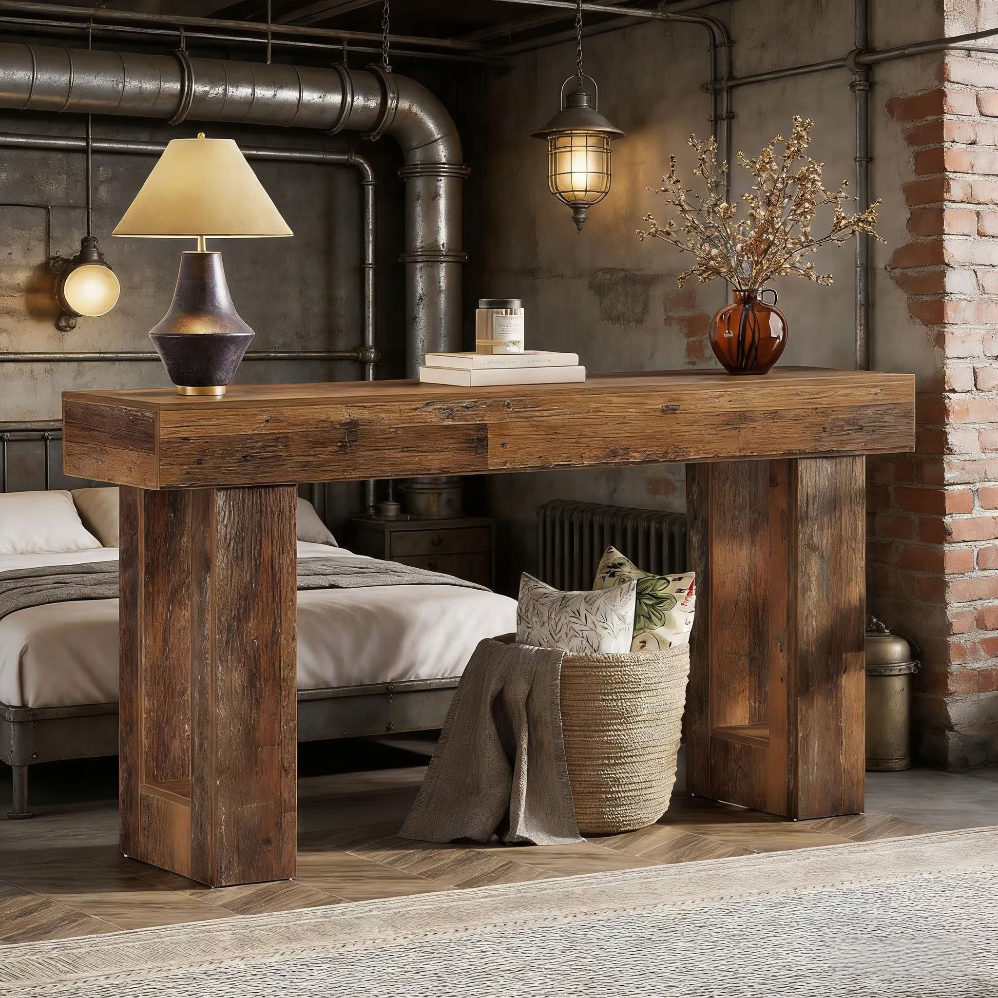 MAYEERTY Rustic Wood Console Table, 63-Inch Farmhouse Sofa Table for Entryway Hallway
