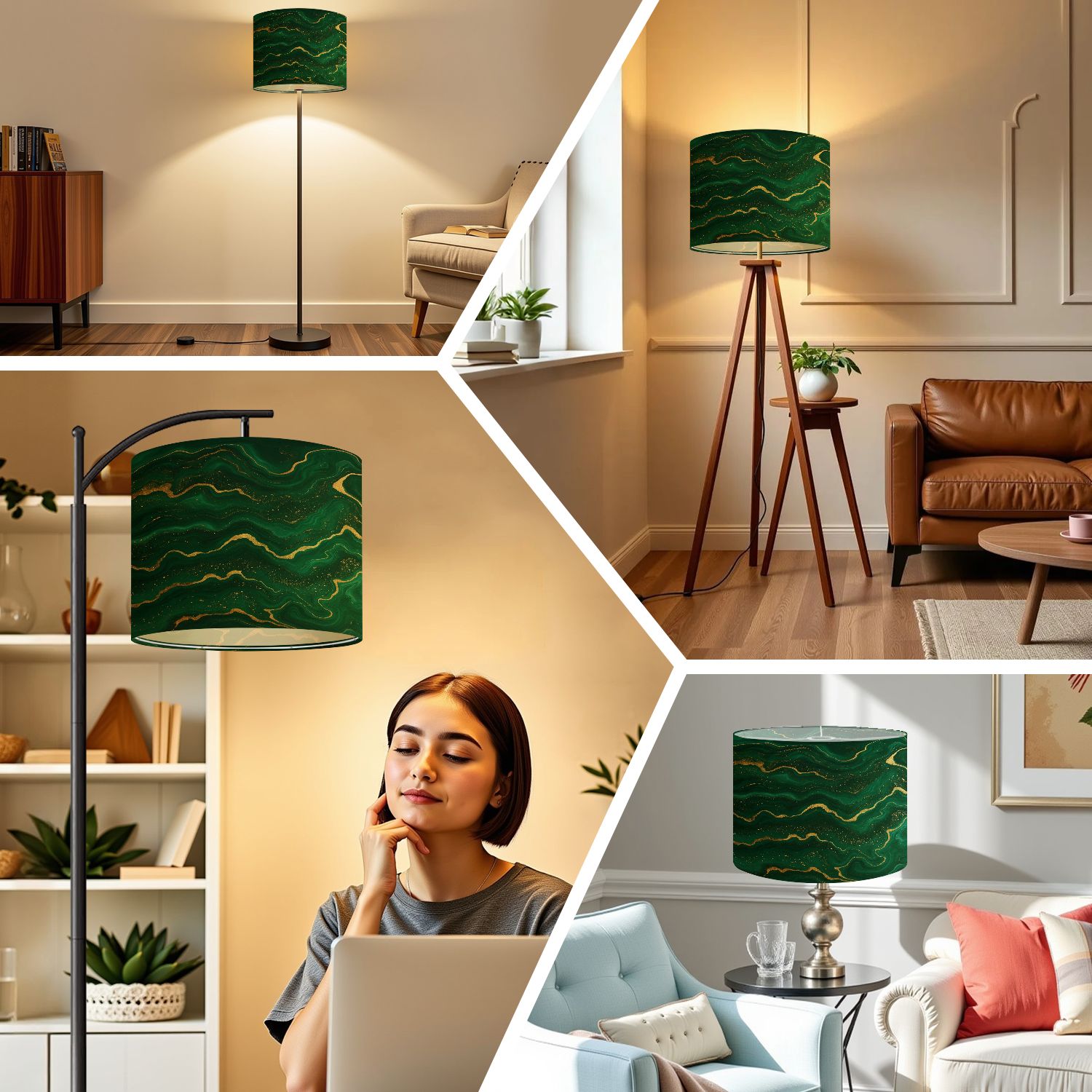Linen Drum Lampshades luxury Green marble gold abstract texture Dark green emerald marbling 13"x13"x10" Light Shade for Table Lamps Floor Lamp Shades Lampshade Replacement Assembly Required