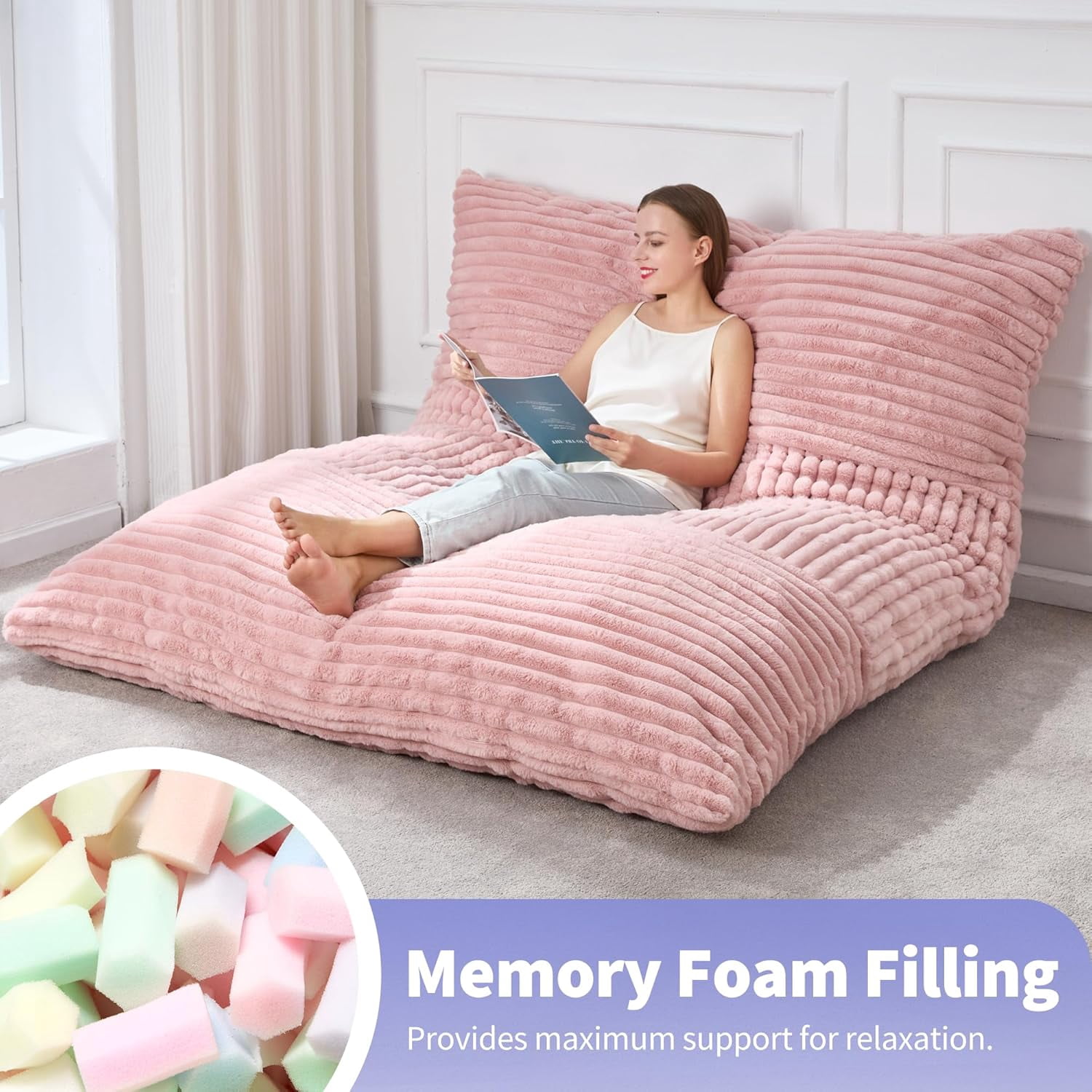 TINKLE WELL Giant 3-in-1 Bean Bag Chair for Adults, Convertible Floor Sofa & Cushion, Perfect for Bedroom & Living Room Lounging, Pink
