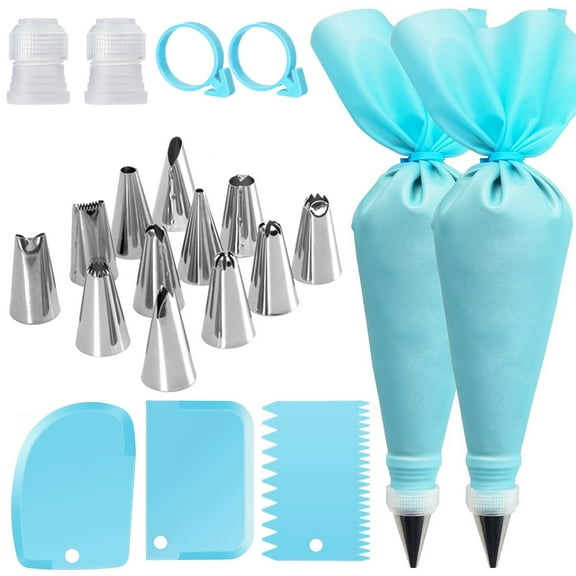 Piping Bags and Tips Set, Reusable Cake Decorating Supplies with 2 Reusable Bags, 12 Icing Tips, 2 Silicone Rings, 2 Couplers and 3 Scrapers, Cake Baking Tools for Cookie Icing Cupcakes
