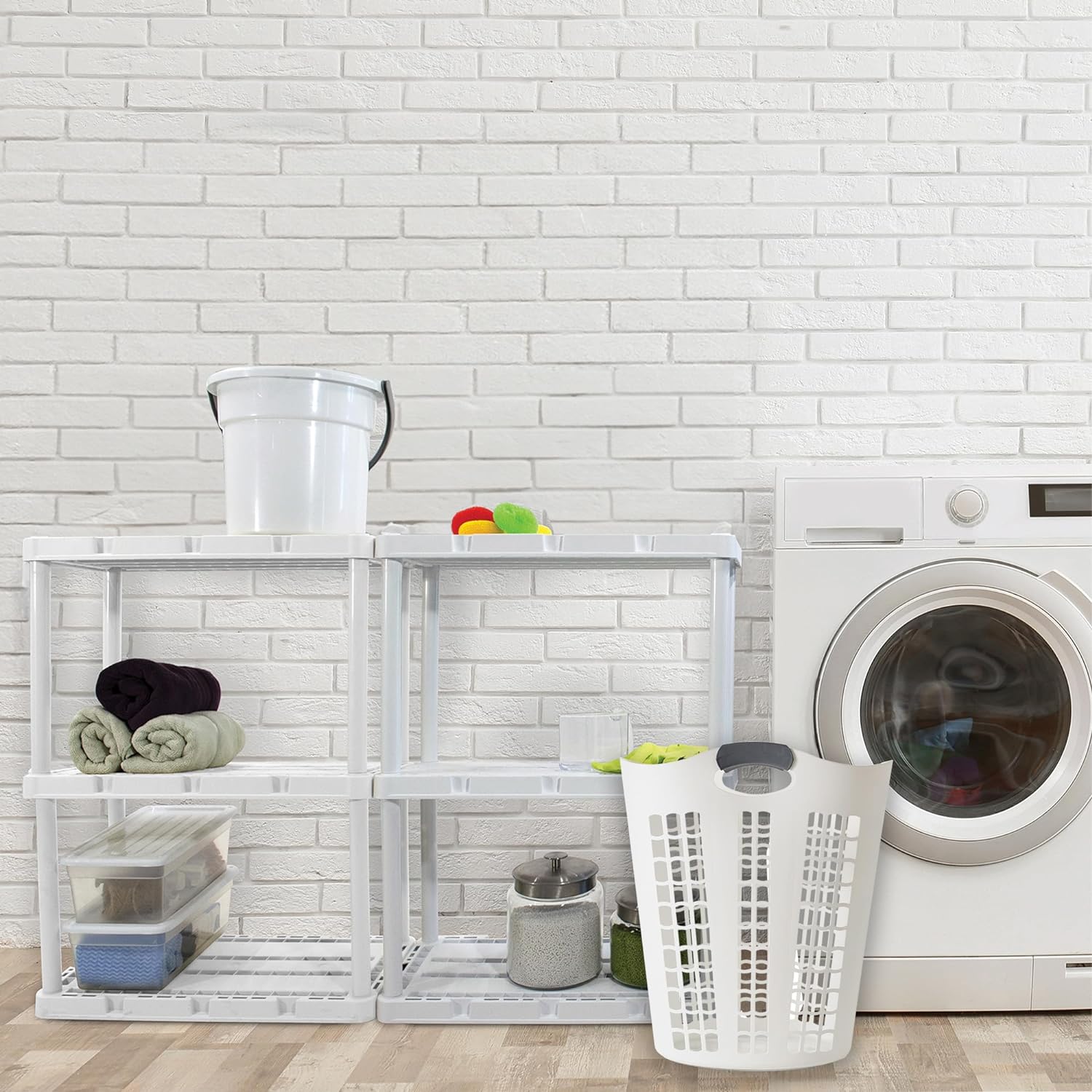 JFTER Laundry Basket, Easy Carry Flex Collapsible Hamper, 87.5 Liters, White - Large Plastic Clothes Storage Organizer for Home, Bathroom, and Bedroom