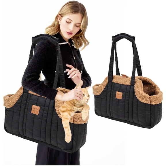 Newborn Dog Purse Carrier for Puppy,Small Dogs, Cats, Winter Fleece Warm Dog Tote Bag with Secure Harness Clip , Pet Travel Shoulder bag,Black