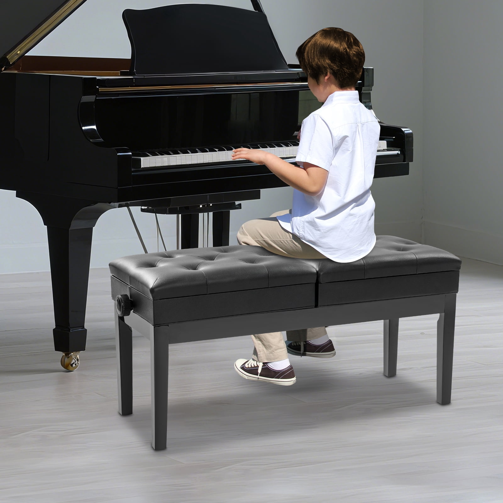 Floorstanding Double Seater Piano Bench, Adjustable Duet Piano Bench with Storage Box for Homes, Schools