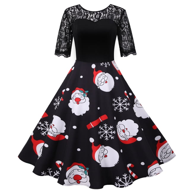 pstuiky Robes pour Jeunes Adultes, Robe Rétro pour Dames à Imprimé de Noël avec Col en Dentelle, Taille Haute, Couture en Dentelle, Manches Courtes, Robes Formelles en Solde