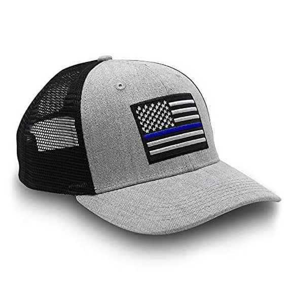 Thin Blue Line Flag Hat for Men and Women – Snapback Trucker Baseball Cap by International Tie (Grey/Black)