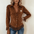 thumbnail image 3 of Boyscolos Women Faux Suede Fringe Polo Shirts Point Collar Long Sleeve Western Cowboy Button Down Womens Western Tops Brown S, 3 of 4