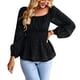 thumbnail image 1 of Mujeres largo puff mangas Camisas escote elástico de alta cintura una línea multi capas hem elegante Top negro M, 1 of 7