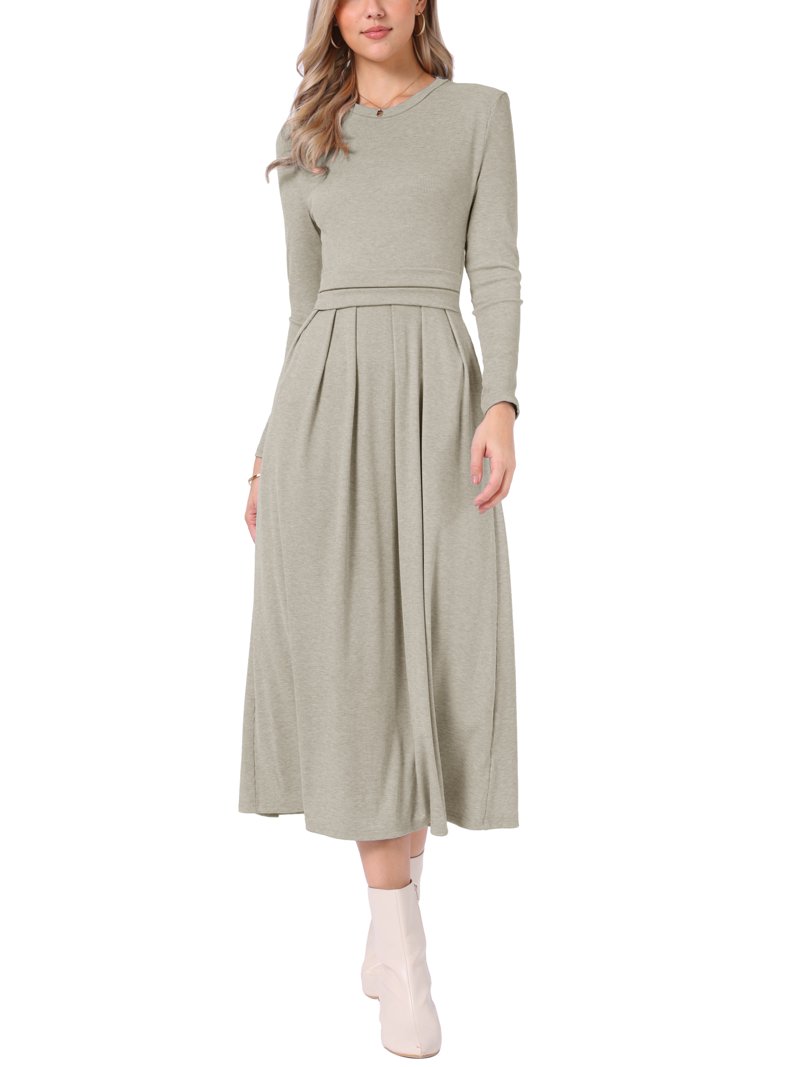 Inspire Chic Ribbed Knitted Maxi Dress for Women's High Waist Pleated Front Long Sleeve A-Line Dresses XL Grey Khaki, Gray