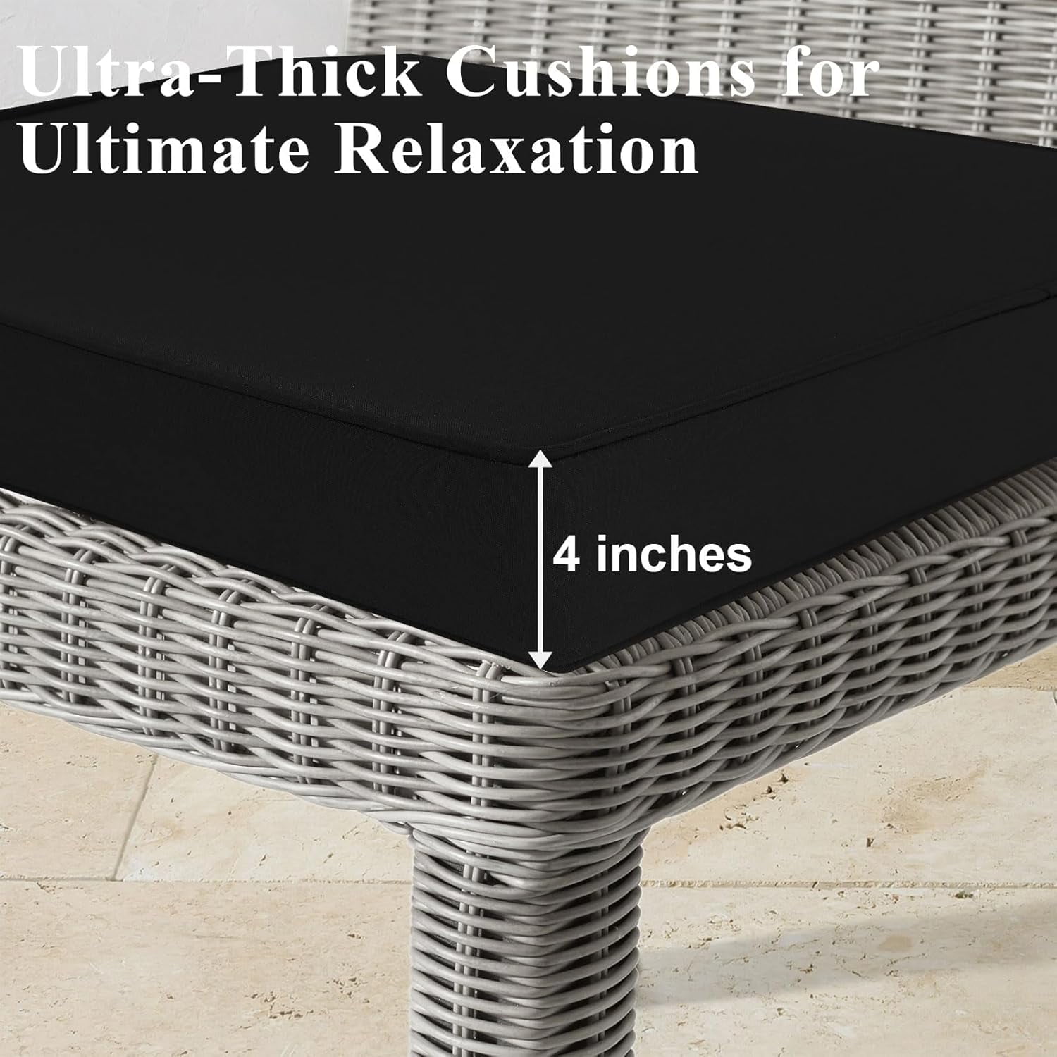 Outdoor Chair Cushions 19x19x4 Inch, Waterproof Black Patio Furniture Cushions Set of 2 with Ties & Handle, 3 Year Color Fastness Square Replacement Seat Cushions for Sofa, Couch