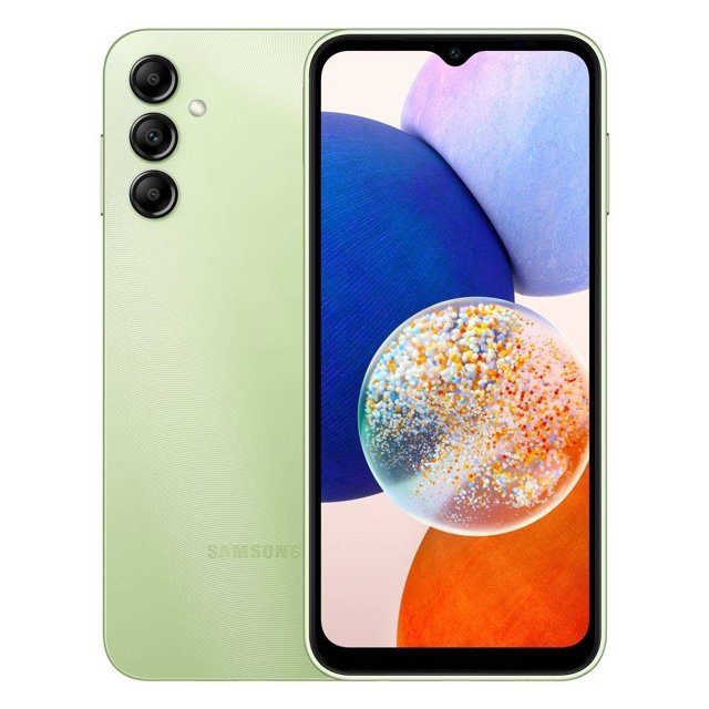 Smartphone Samsung Galaxy A14 Verde 128 GB Telcel with 6.6-inch Infinity-V FHD Plus display, triple rear cameras including 50 MP main sensor, 5000 mAh battery, and textured green back, suitable for vivid multimedia and reliable daily use.