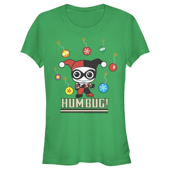 Junior's Batman Christmas Humbug Harley Quinn Graphic Tee Kelly Green X Large