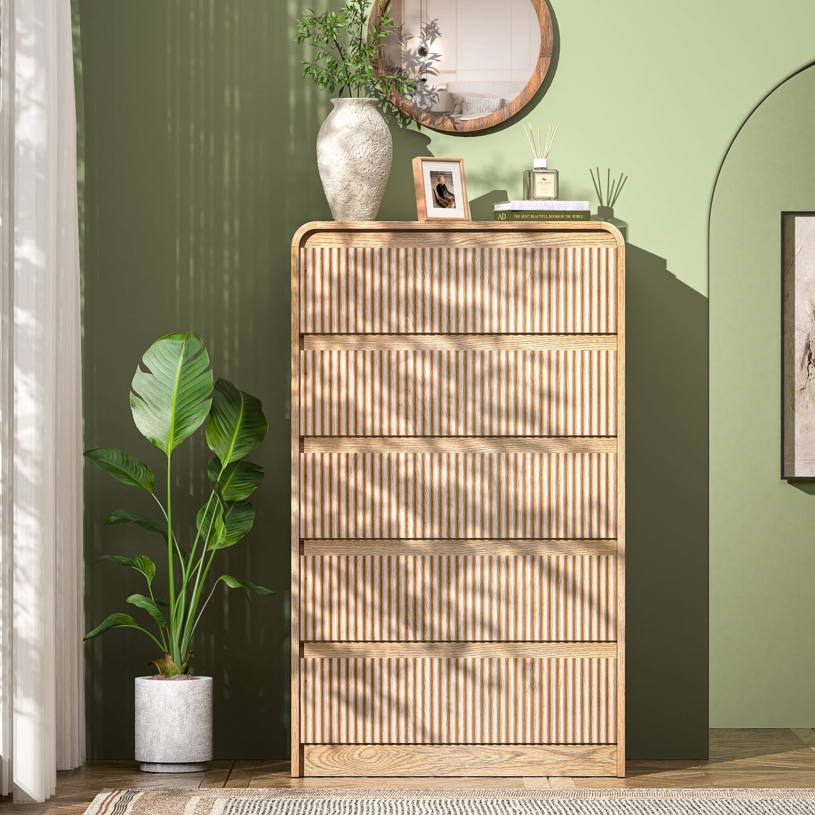 Hommoo Modern Mid-Century Wood Dresser with 5 Smooth-Gliding Drawers, Tall 45" Fluted Storage Cabinet for Bedroom, Living Room & Entryway, Natural