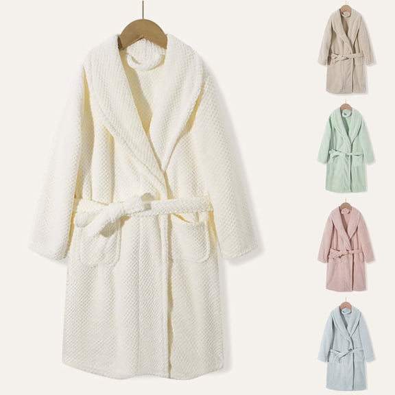 Kids Simple Solid Waffle Fleece Bathrobe Long Sleeve Shawl Lapel Design Two Front Pockets Cozy Night Robe