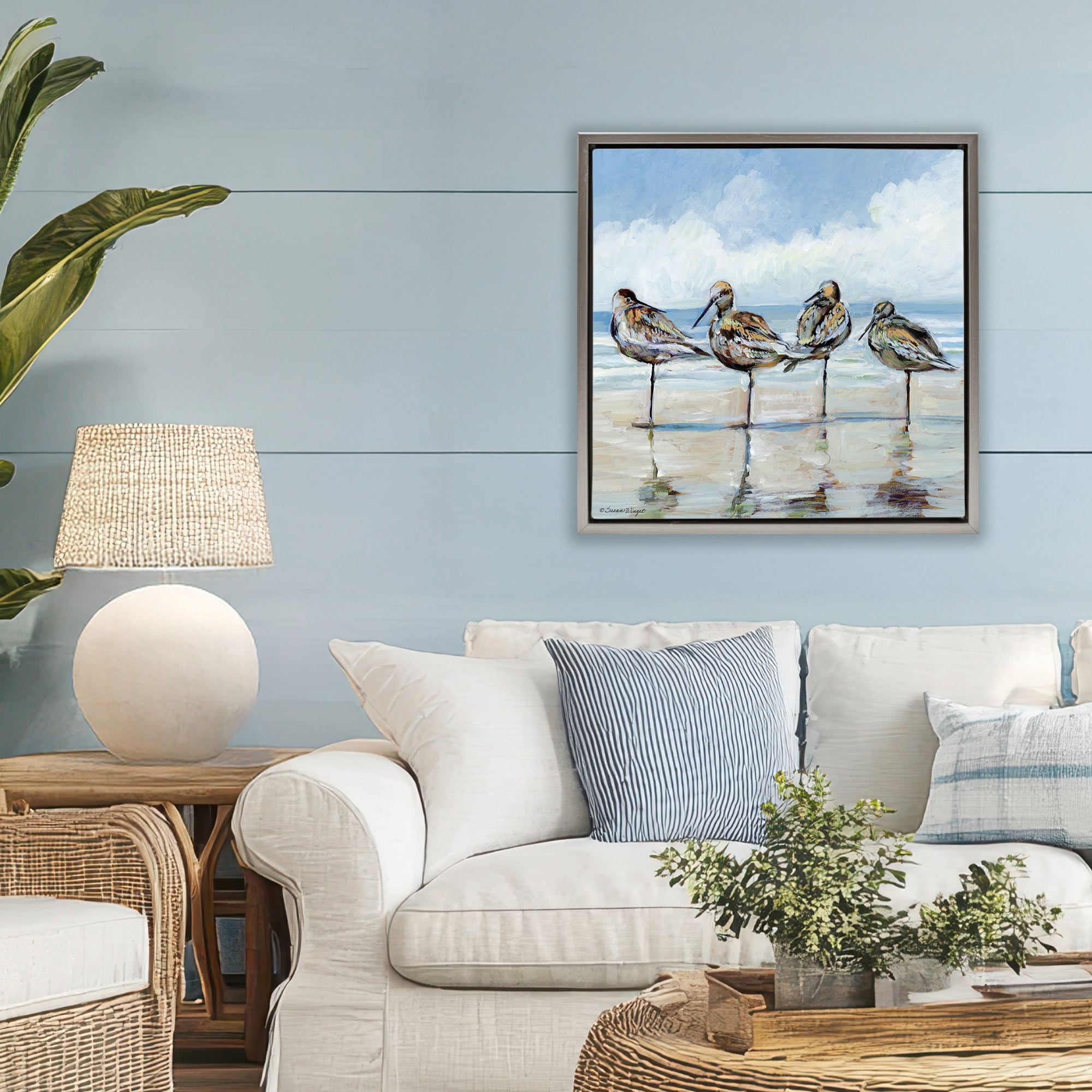 Stupell Industries Sandpipers Balancing On Beach Gray Framed Floater Canvas Wall Art, design by Susan Winget