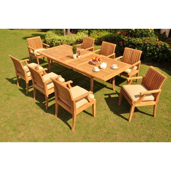 Teak Dining Set:8 Seater 9 Pc - 94" Double Extension Rectangle Table and 8 Lagos Arm / Captain Chairs Outdoor Patio Grade-A Teak Wood WholesaleTeak #WMDSLG7