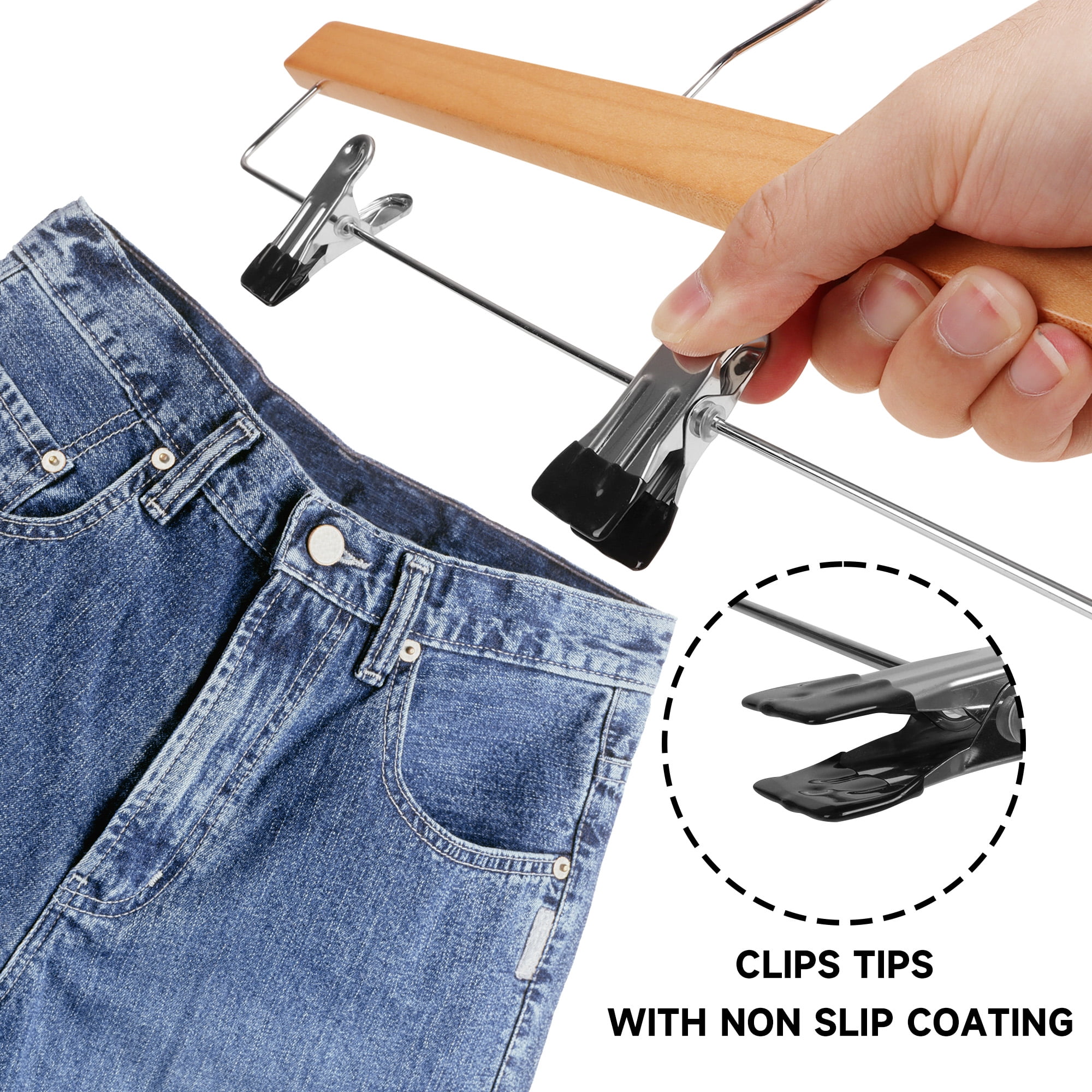 BP4U 24-Pack Premium Wooden Adjustable Pants Hangers, Heavy Duty Solid Wood Bottom Skirt/Trousers Hangers with 360° Swivel Hook & Wrinkle-Free Design(Natural Wood)