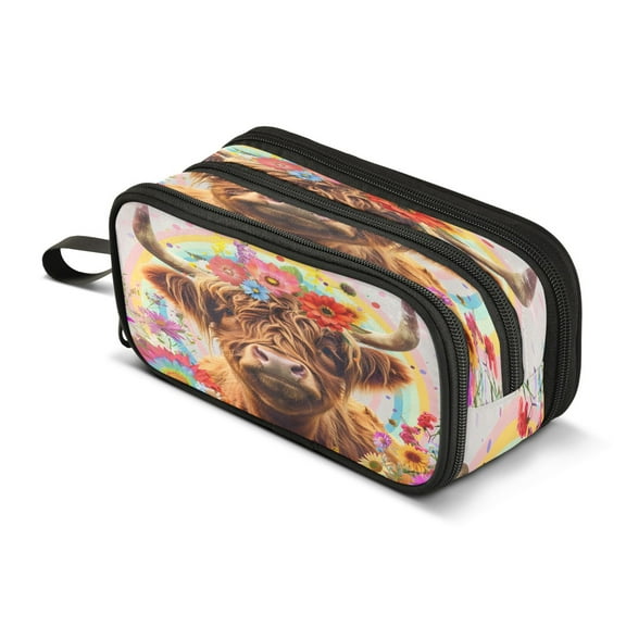 ALAZA Highland Cow Flowers Rainbow Pencil Case Bag 3 Compartment Pen Pouch Large Storage Holder Box Organizer