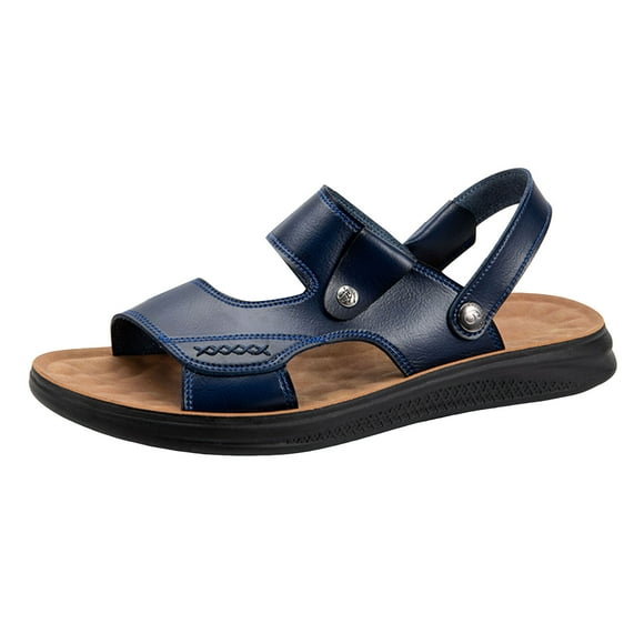 Leozcaa Men's Beach Leather Sandals 2025 Slide Footwear Round Flip Flops Slip On Slippers Beach Flat Sandals