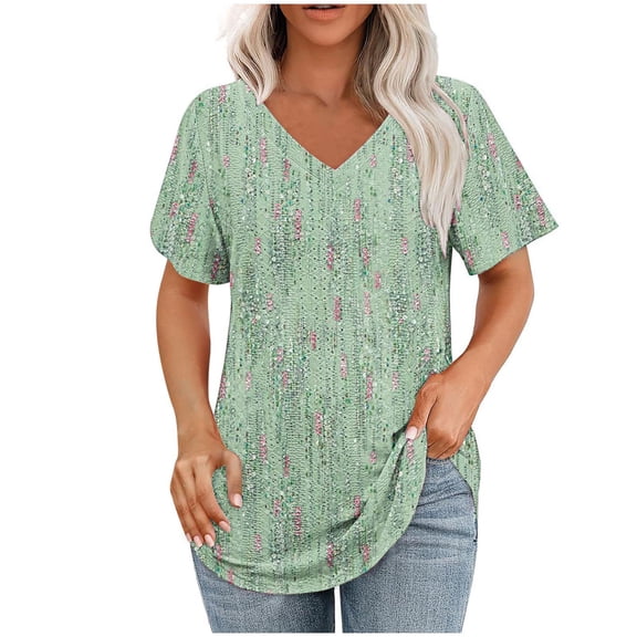Summer Fashion Oversize Shirts for Womens V- Neck Printed Casual Pullover With Short Sleeves