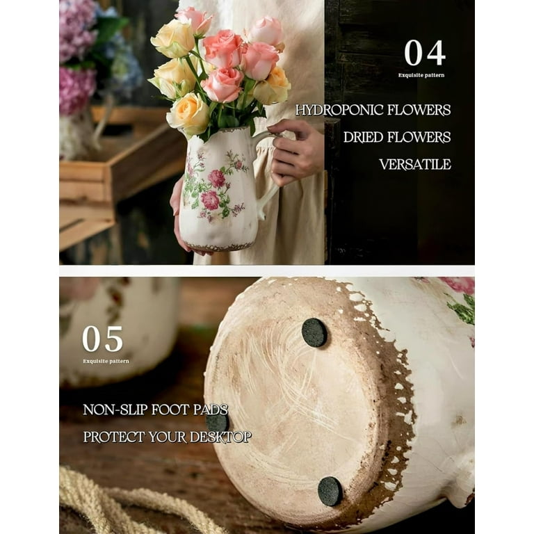 Vintage White and Green Floral Ceramic Vase with Handle, Retro Ice