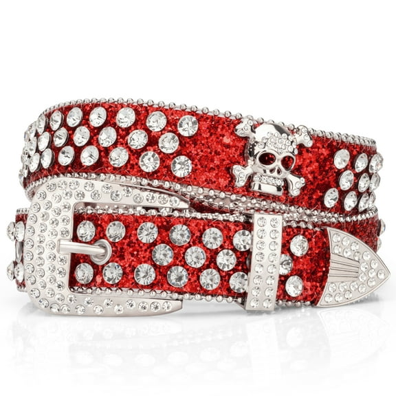 Maikun Head Skull Buckle Belts for Mens & Womens Shinning Rhinestone Red Belts for Waist Size 31-34"