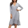 thumbnail image 5 of SMihono Deep V-Neck Long Sleeve Dress Ruffled Hem Side Split Soft Stretchy Knit Elegant Dress for Date Nights Office Events Casual Outings Year-Round Wear Gray L, 5 of 6