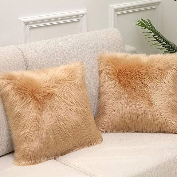 Nvzi Set of 2 Faux Fur Square Throw Pillow Covers Luxury Plush Decorative Pillow Cases Cushion Covers for Sofa Bedroom Car 16"x16" Light Camel