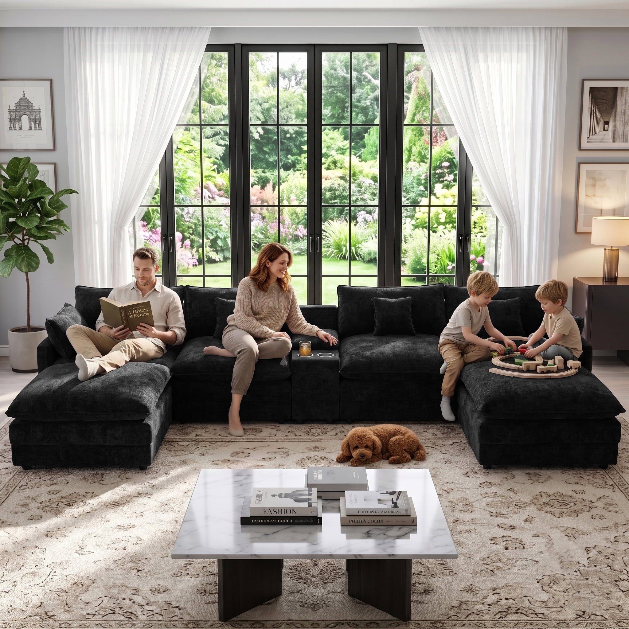 Wakefit 145" U Shaped Sectional Couch, Oversized Modular Sectional Sofa, 5 Seater Chenille Cloud Couch with Hidden Storage, USB Ports & Cup Holders for Living Room, Black