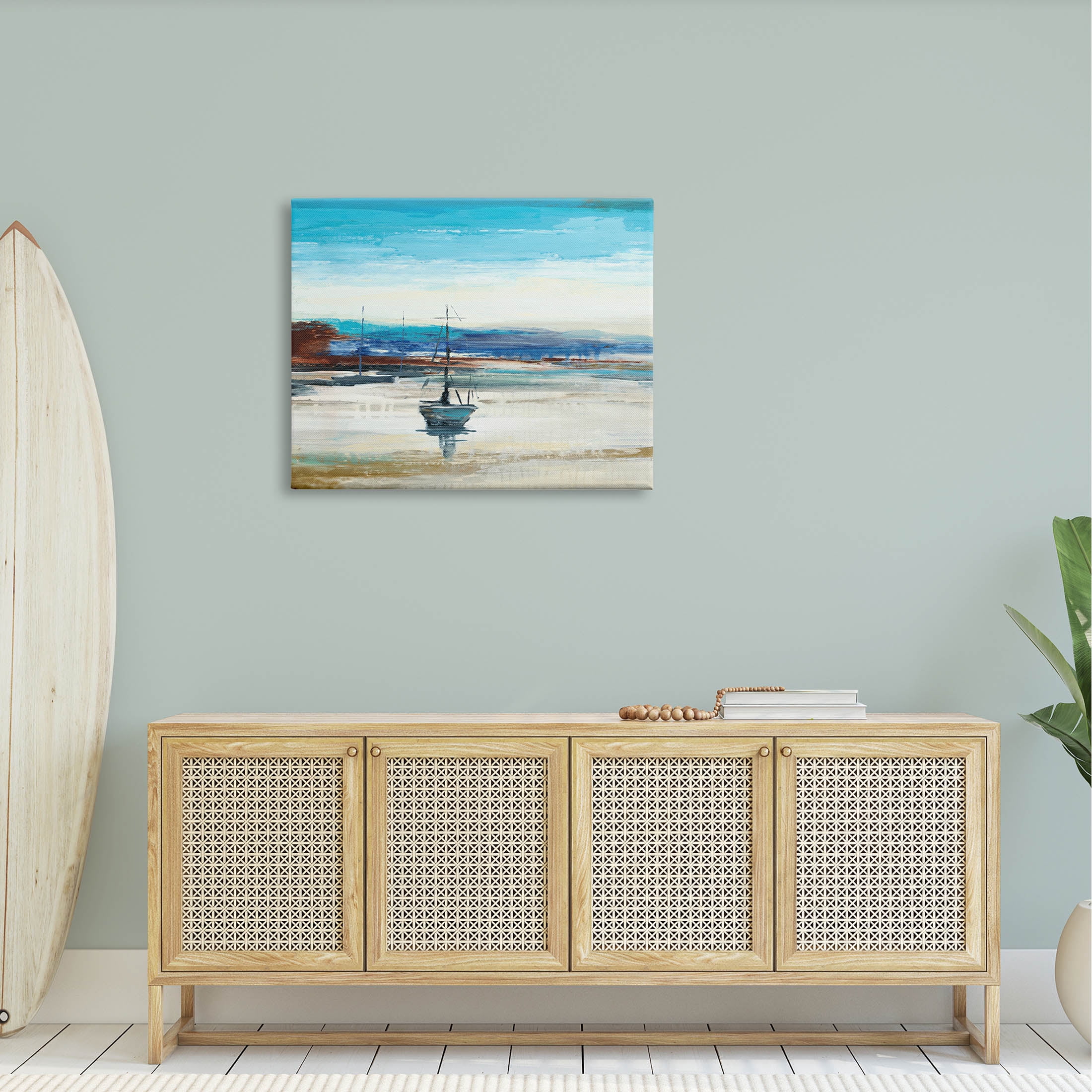 Abstract Boat Sea Reflection Coastal Painting Gallery Wrapped Canvas Print Wall Art