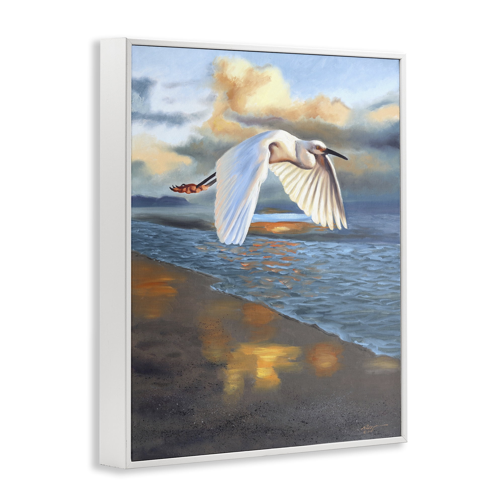 Stupell Industries Egret Wingspan over Beach Landscape Painting White Framed Art Print Wall Art, 11 x 14