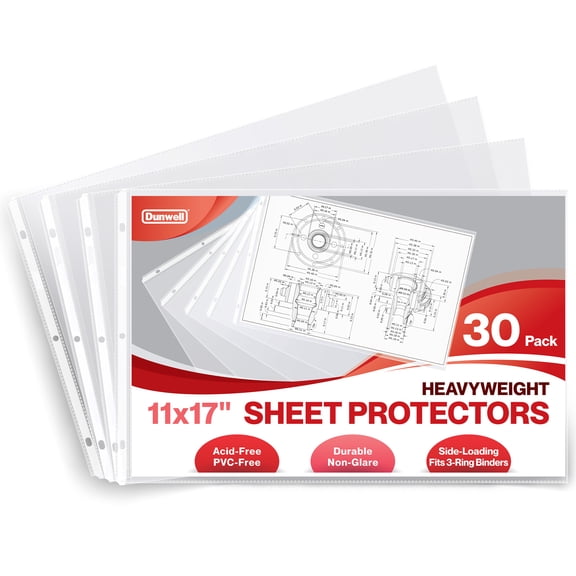 Dunwell 11x17 Sheet Protectors, Clear Heavyweight Top-Loading Page Protectors, 30-Pack