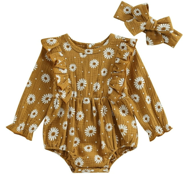 Newborn Baby Girls Outfits Long Sleeve Daisy Print Ruffle Bubble Romper with Headband 2PCS Suit Cute Infant Clothes