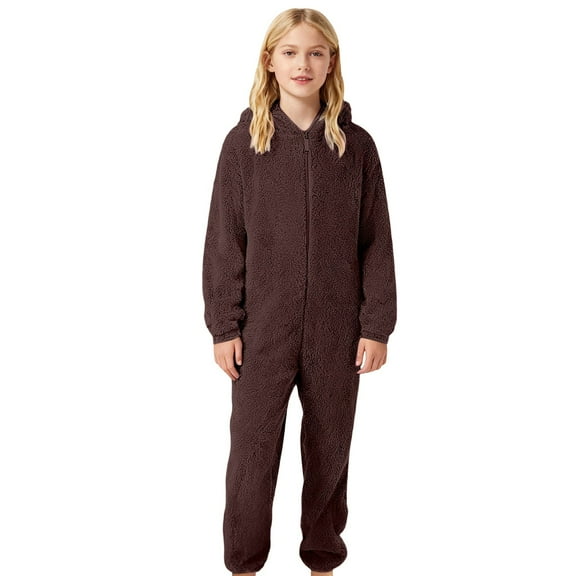 HNMKIU Soft Pajama Girls Jumpsuit for Toddler Boys and Girls Cozy Sleeper Outfit with Grip Socks for Lounging At Home 3 to 12 Years Brown,11-12 Years