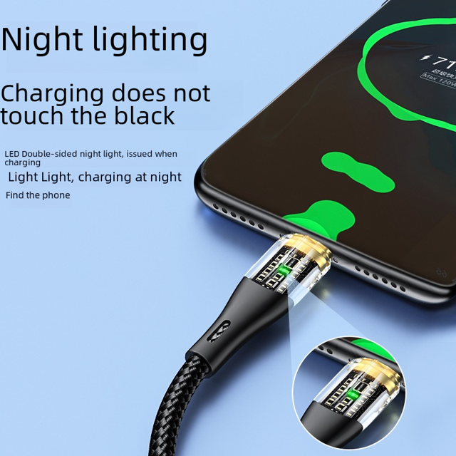 Cable de datos para teléfono móvil trenzado con cabezal transparente para Android, Huawei, tc, Apple, línea de carga rápida para teléfono móvil de un solo cabezal