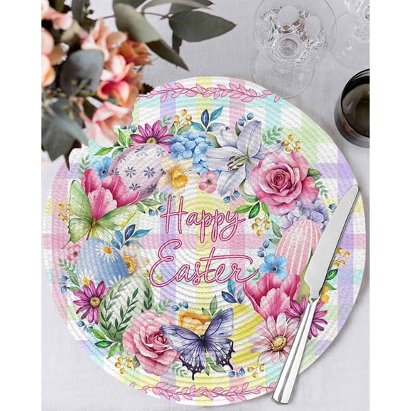 15 Inch Round Placemats Set of 6, Happy Easter Non Slip Heat Insulation PP Table Mats, Spring Flower Pastoral Butterfly Colorful Stripes Washable Place Mats for Kitchen Dining Party Table Decor