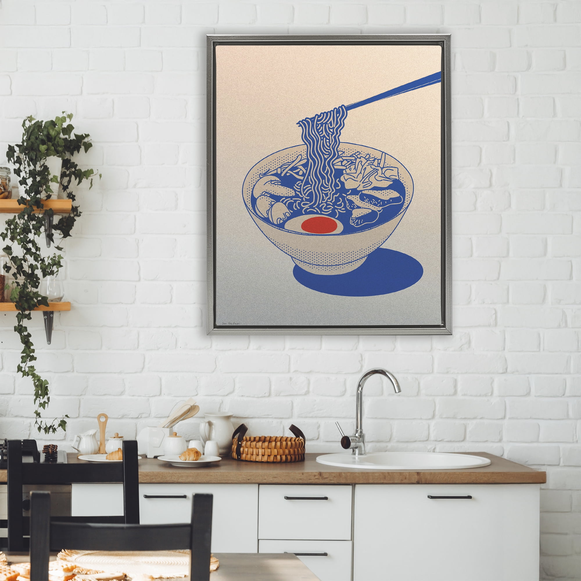 Ramen Noodle Bowl Gradient Gray Framed Floater Canvas Wall Art, design by Seven Trees Design