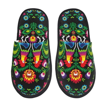 Balery Roosters and Flowers Slient Indoor Furry Fleece Comfort House Shoes Soft Non-Slip Home Shoes Cotton slippers House Slippers-- Large