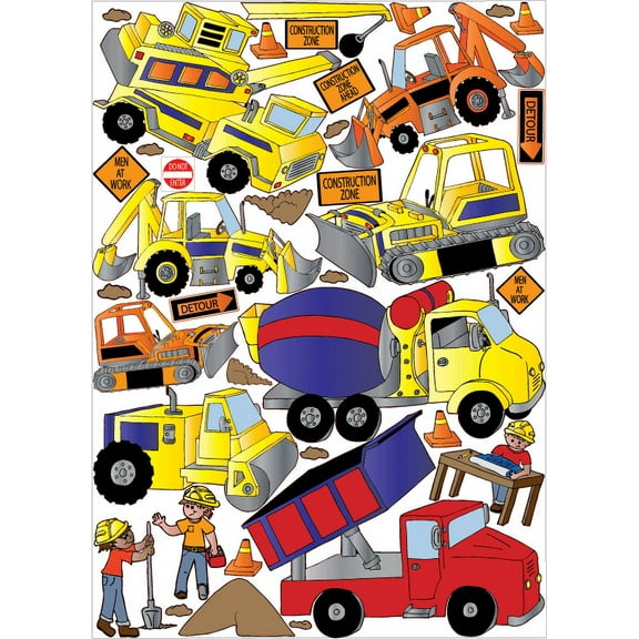 Construction Wall Decals / Truck Wall Stickers / Construction Theme with Bulldozers, Tractors, Cement Truck, Steamroller, Crane, and Dump Truck Wall Decor