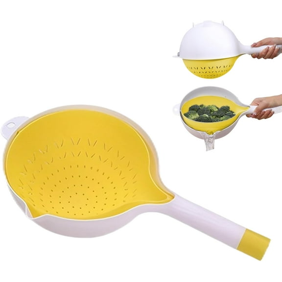 Rotatable Kitchen Colander Strainer Bowl: Double Strainer - Soak,Wash and Drain, Fruit Washing Bowl with Strainer, Drain Basket Pasta Strainer with Handle for Rice Food Vegetable Pasta (Yellow)
