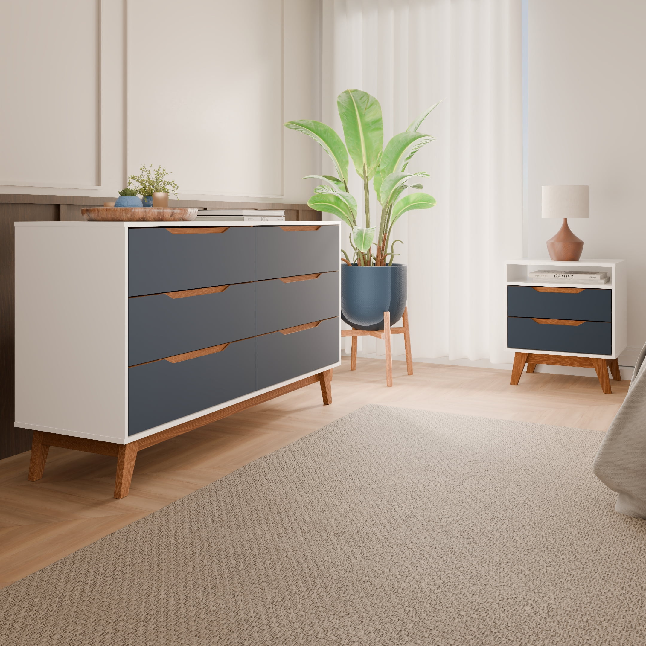 Kappesberg Bedroom Furniture Set with 6-Drawer Dresser and 2-Drawer Nightstand, White/Blue – Modern Storage Combo