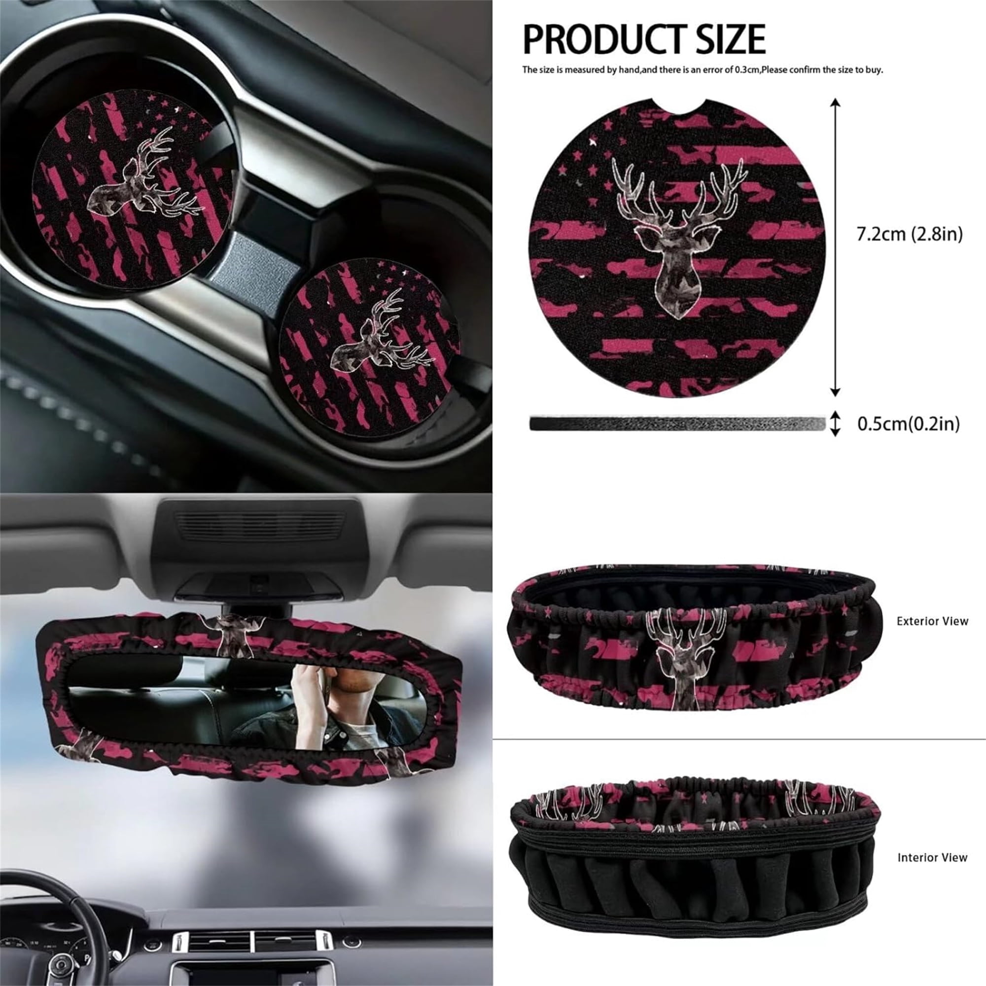 Jeiento Deer Front Car Seat Covers Full Set 12 PCS with Steering Wheel Cover Seat Belt Pads Center Console Cover Coasters Trash Bin Phone Holder Cup Holders Rearview Mirror Cover Key Ring Pink Camo