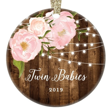 Annual Porcelain - Twin Babies Christmas Ornament, Newborn Twins 2019, New Baby Girl Boy Parents Mom & Dad Commemorative Present Keepsake Dated Annual Peony 3