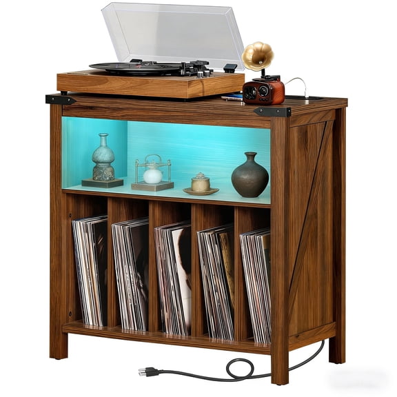 LELELINKY Record Player Stand with Charging Station & LED Lights, Holds 230 Albums, Turntable Cabinet for Living Room, Brown