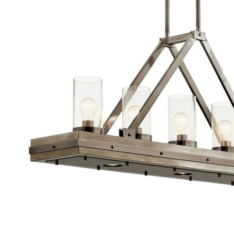 Kichler Colerne 6-Light Chandelier - 16.75" Rustic Auburn Wood & Black Metal Linear Fixture With Seeded Glass