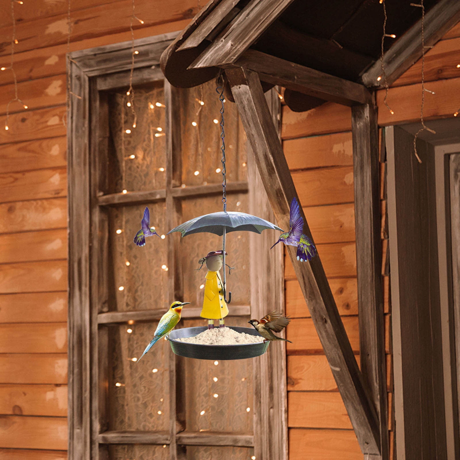 Djiypn Bird Feeders for Outdoors Hanging, Novelty Metal Girl with Umbrella Hummingbird Feeder, Wild Bird Feeders Outside Bird Bath with Brush, Gifts for Mom, Birdlovers (Black)
