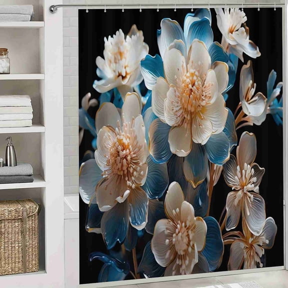 70x70 inch 3D Cream White and Blue Floral Shower Curtain, Waterproof Polyester Fabric with Hooks for Bathroom Decor