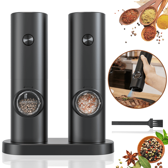 Aovky Electric Salt and Pepper Grinder Set, 2 Pack Battery-Powered Pepper Mill Grinder with LED Light and Stand, Adjustable Coarseness for One-Hand Operation in Kitchen, Dining, BBQ and Gift