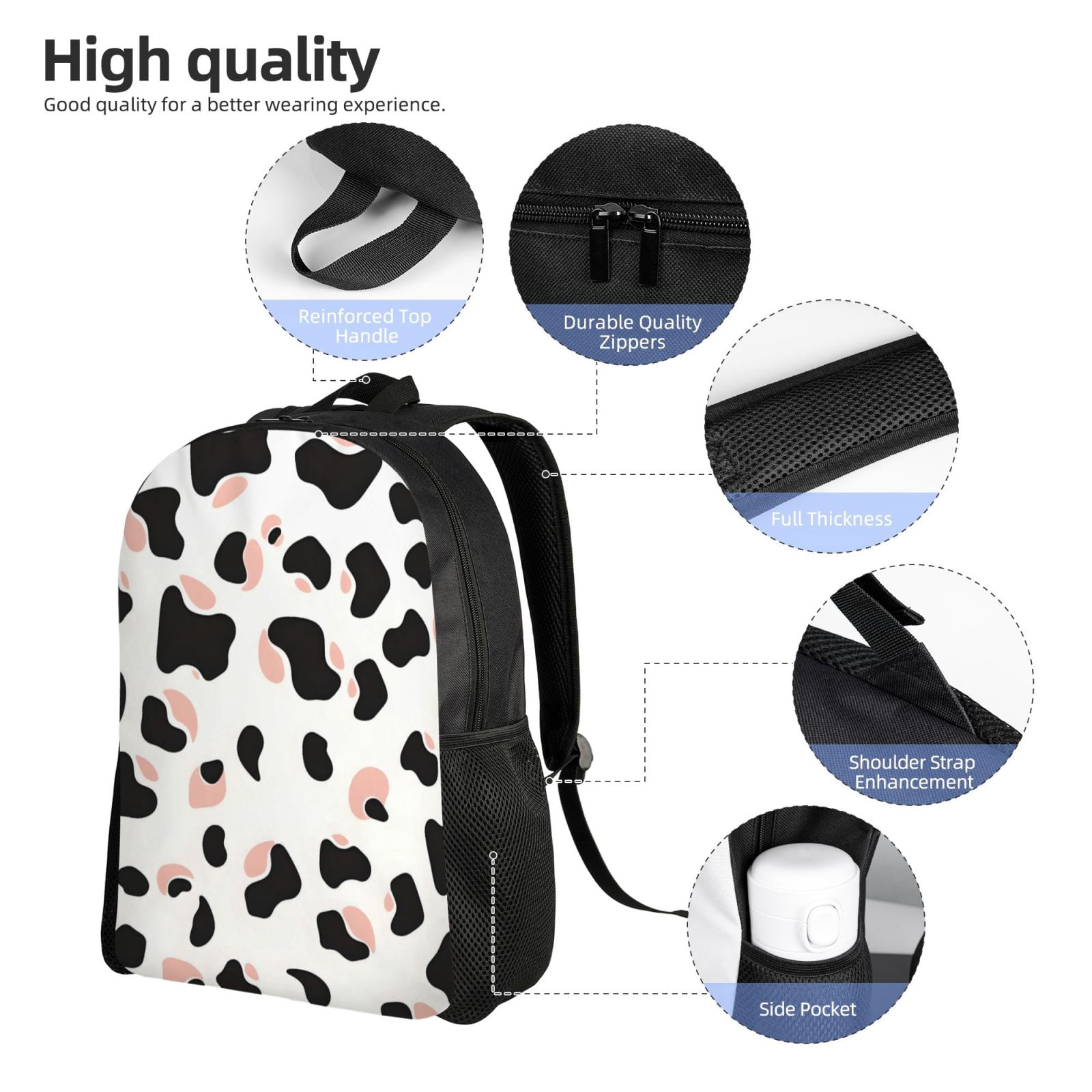 Single Side Full Backpack 16.1×11.8×4.5in Large Capacity Breathable Shoulder Belt Leisure Simple And Strong Bearing Capacity Simple Cow Print Pattern White Background, Pink And White_2