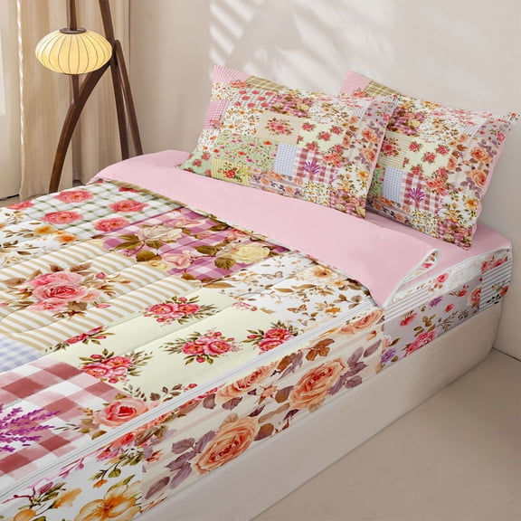 Homewish Vintage Country Flower Zipper Twin Comforter Sets with Fitted Sheet and 2 Pillowcases for Girl, Rustic Floral Zipper Bedding Set, Pink, Pink Reversible, 4-Piece